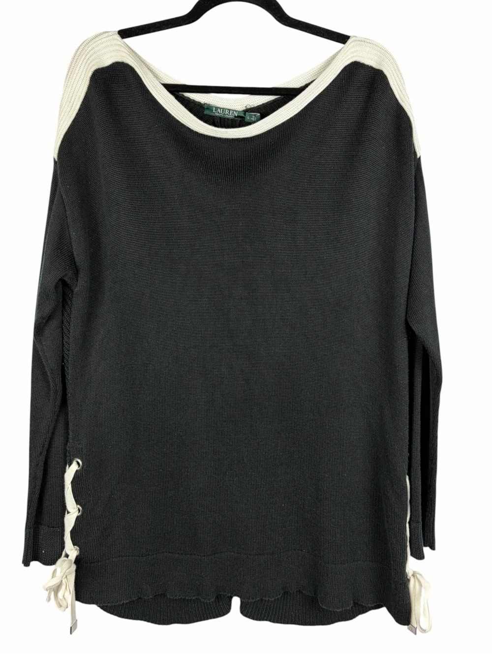 Lauren Ralph Lauren Black Cream Lace-Up Side Oversized Sweater Large